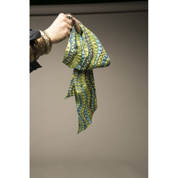 Vintage Scarf Geo Metro Long Green Blue Necktie Retro Handmade Accessory - Picture 2 of 3